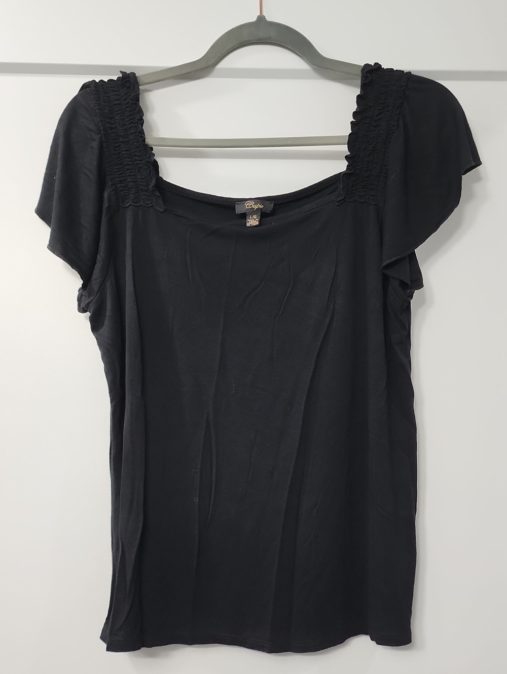 Cupio Black Smocked Square Neck Flutter Sleeve Top